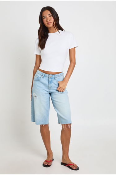 Mid Waist Ripped Denim Jorts - bleach wash