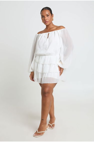 Plus Blouson Tie Front Bardot Chiffon Playsuit - ivory