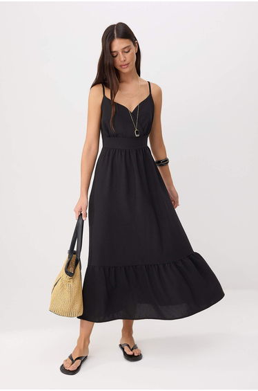 Black Strap Skater/Waist Cut-Out Midi Woven Dress