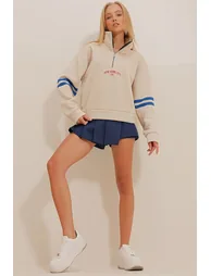 Women's Beige Zip and Stripe 3-Thread Rack Sweatshirt - 2