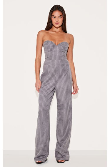 Grey Pinstripe Bandeau Corset Straight Leg Jumpsuit