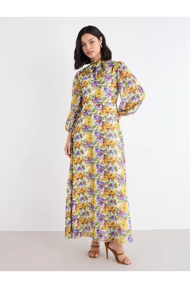 Tie-Up Neck All Over Print Maxi Dress