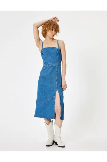 فستان ميدي دينيم بتصميم بشكل A بأربطة خلفية بياقة مربعة بسحاب بفتحة