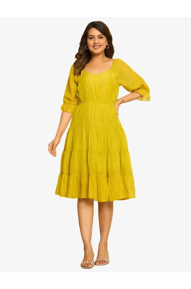 Women Mustard Yellow Tiered Knee-Length Dress