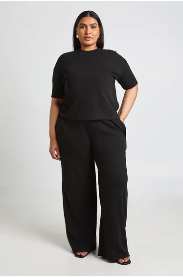 Plus Waffle T-shirt and Wide Leg Trouser Co-ord - black