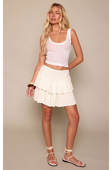 Cream Shirred Waistband Tiered Mini Skirt