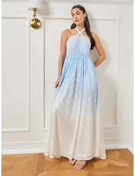 Women Ombre Print Lace Sleeveless Maxi Dress