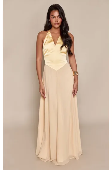 Lemon Satin Contrast Strappy Maxi Dress