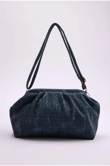 Indigo Knitted Patterned Dual-Use Magnetic Closure Hand and Shoulder Women's Mini Size Bag