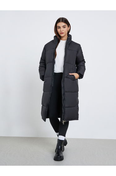 Black Oversized Padded Coat with Side Pockets