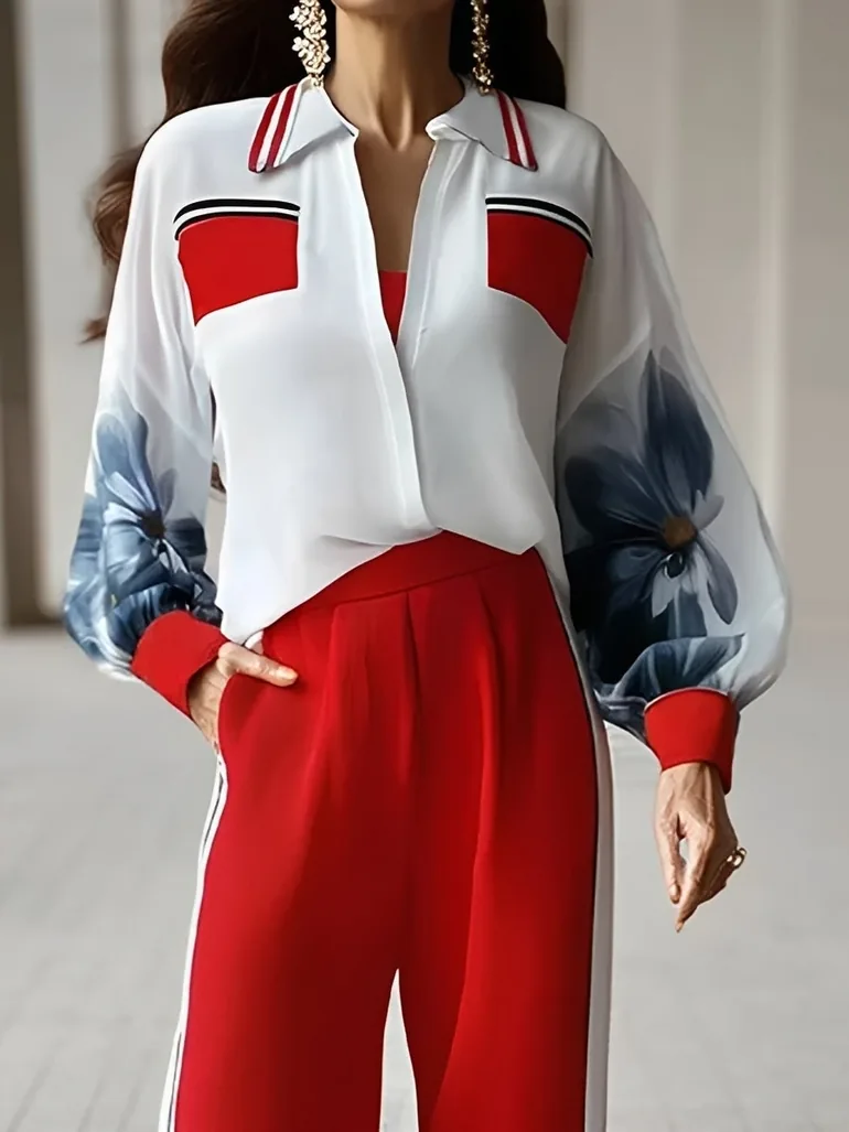 Long Sleeves Loose Contrast Color Ink-Printing Split-Joint Lapel Blouses&Shirts Tops - 1