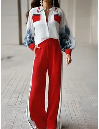Long Sleeves Loose Contrast Color Ink-Printing Split-Joint Lapel Blouses&Shirts Tops - 2