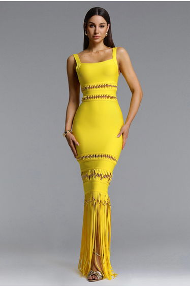 Shanley Chic Contour Sleeveless Beaded Fringe Bandage Maxi Dress