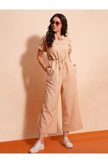Solid Spread Collar Waist Tie-Up Cargo Pockets Wide Leg Jumpsuit