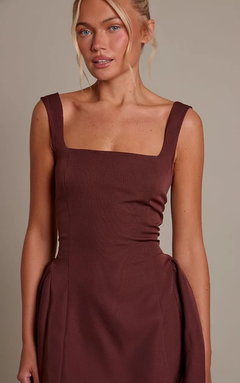 Dark Brown Hip Pleated Shift Dress - 3