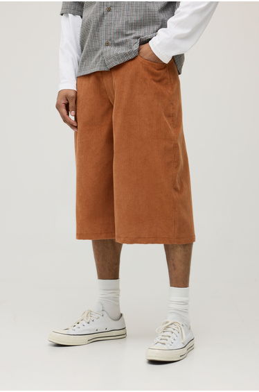 Wide Leg Long Line Woven Tab Cord Short - rust