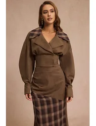 Suede Patchwork Notched Lapel Long-Sleeve Top - 5