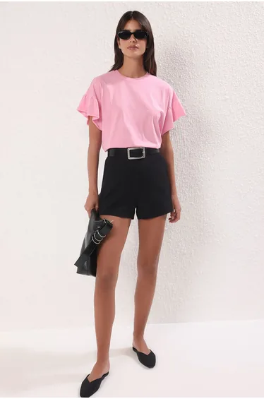 Pink 100% cotton ruffle detailed Basic Crew Neck Knitted T-Shirt