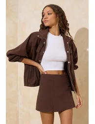 Brown Slit Detailed Denim Shorts Skirt - 1