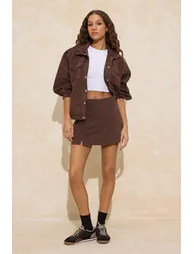 Brown Slit Detailed Denim Shorts Skirt