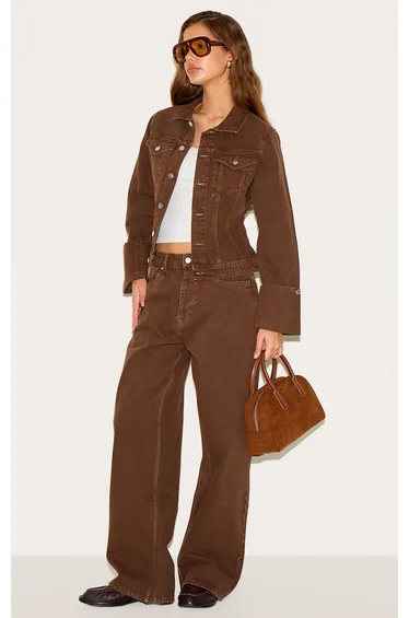 بنطلون جينز بأرجل عريضة لون بني 