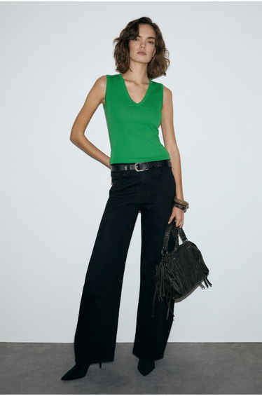GRIMELANGE LESCOSA Women's Slim Fit V-Neck Sleeveless Light Green Blouse