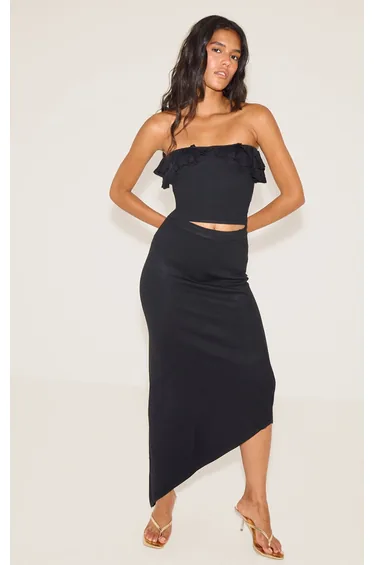 Black Fine Knit Bardot Frill Top