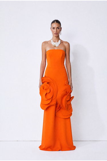 Moment in Bloom Orange Floral Applique Strapless Maxi Dress