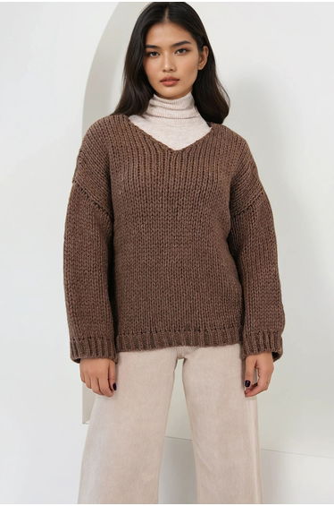 Women's Brown V-Neck Thick Thessaloniki Braided Soft Textured Oversized Sweater
