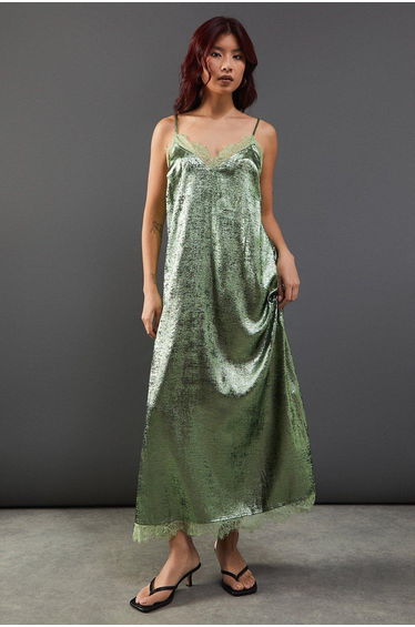 Metallic Lame Strappy Lace Insert Slip Maxi Dress