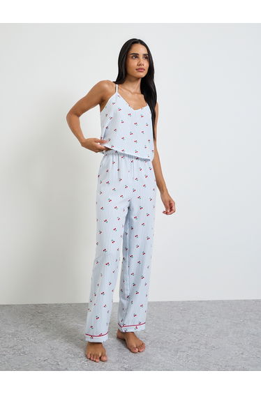 Blue Cherry Striped Print Cami and Pyjama Set