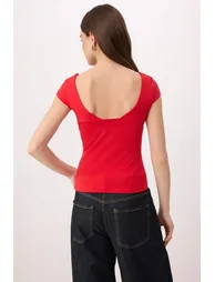 Red Heart Collar Bodycon Cotton Stretch Knitted Blouse - 3