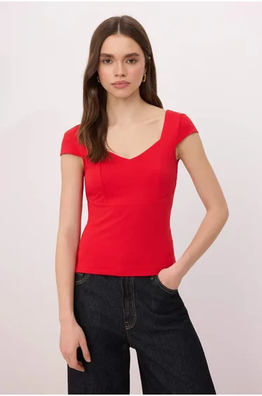 Red Heart Collar Bodycon Cotton Stretch Knitted Blouse