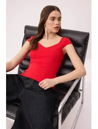 Red Heart Collar Bodycon Cotton Stretch Knitted Blouse - 1