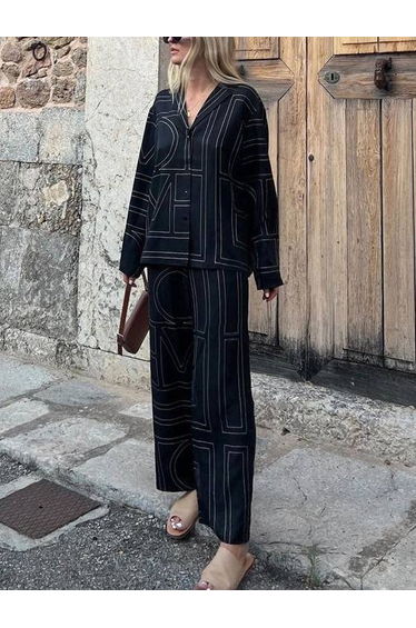 Geometric Letter Wide Leg -Pants