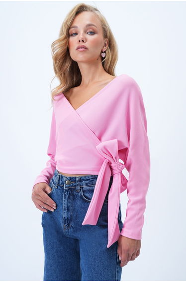 Women's Pink Front Back Double Breasted Collar Tie Detail Ottoban Crop Blouse