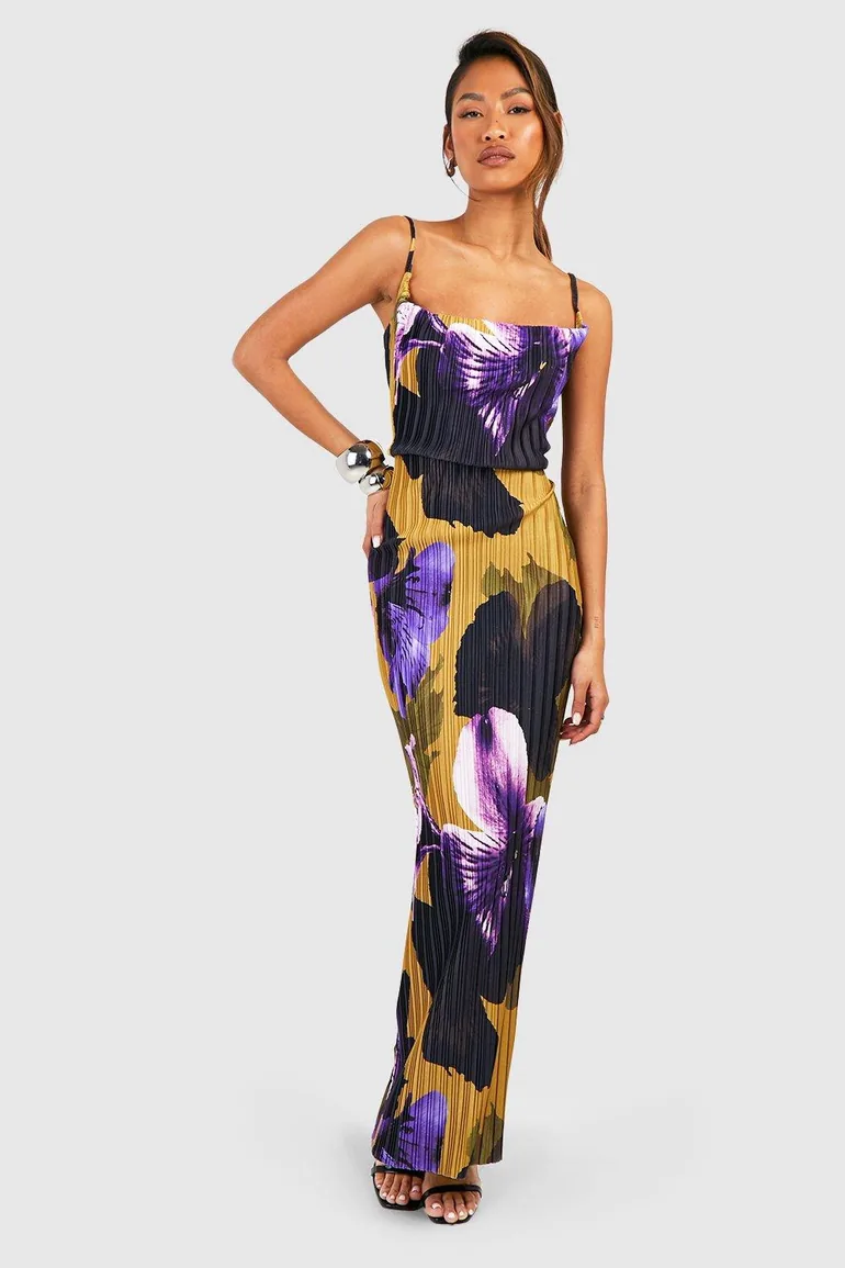 Floral Plisse Strappy Maxi Dress
