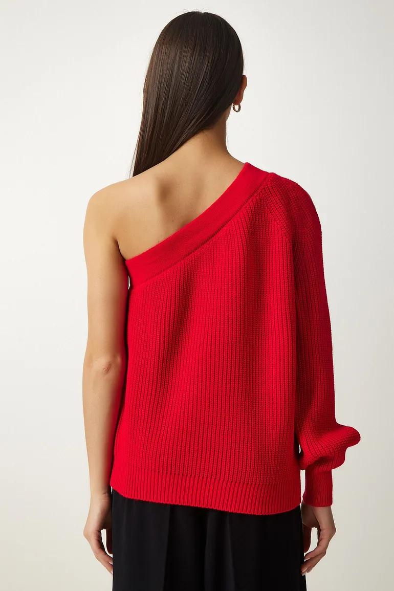 Women's Red Window Detailed Single Sleeve Knitwear Sweater - 4