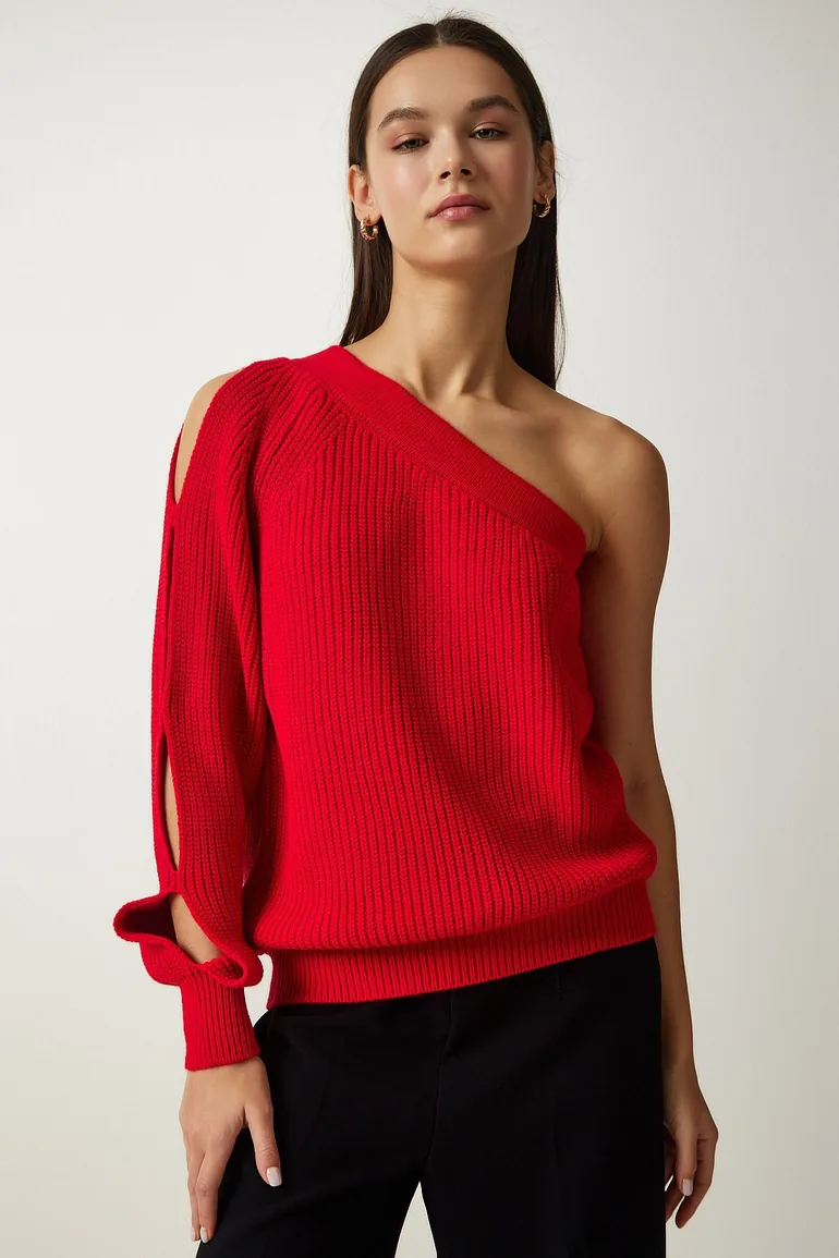 Women's Red Window Detailed Single Sleeve Knitwear Sweater - 3