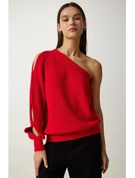 Women's Red Window Detailed Single Sleeve Knitwear Sweater - 3