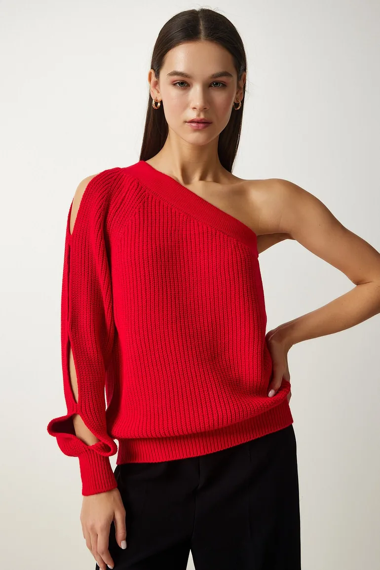Women's Red Window Detailed Single Sleeve Knitwear Sweater - 2