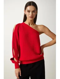 Women's Red Window Detailed Single Sleeve Knitwear Sweater - 2