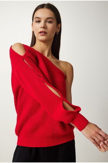 Women's Red Window Detailed Single Sleeve Knitwear Sweater