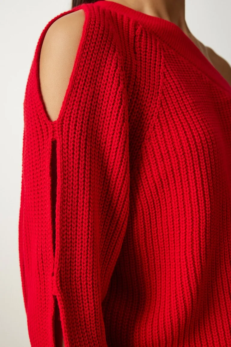 Women's Red Window Detailed Single Sleeve Knitwear Sweater - 1