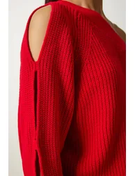 Women's Red Window Detailed Single Sleeve Knitwear Sweater - 1