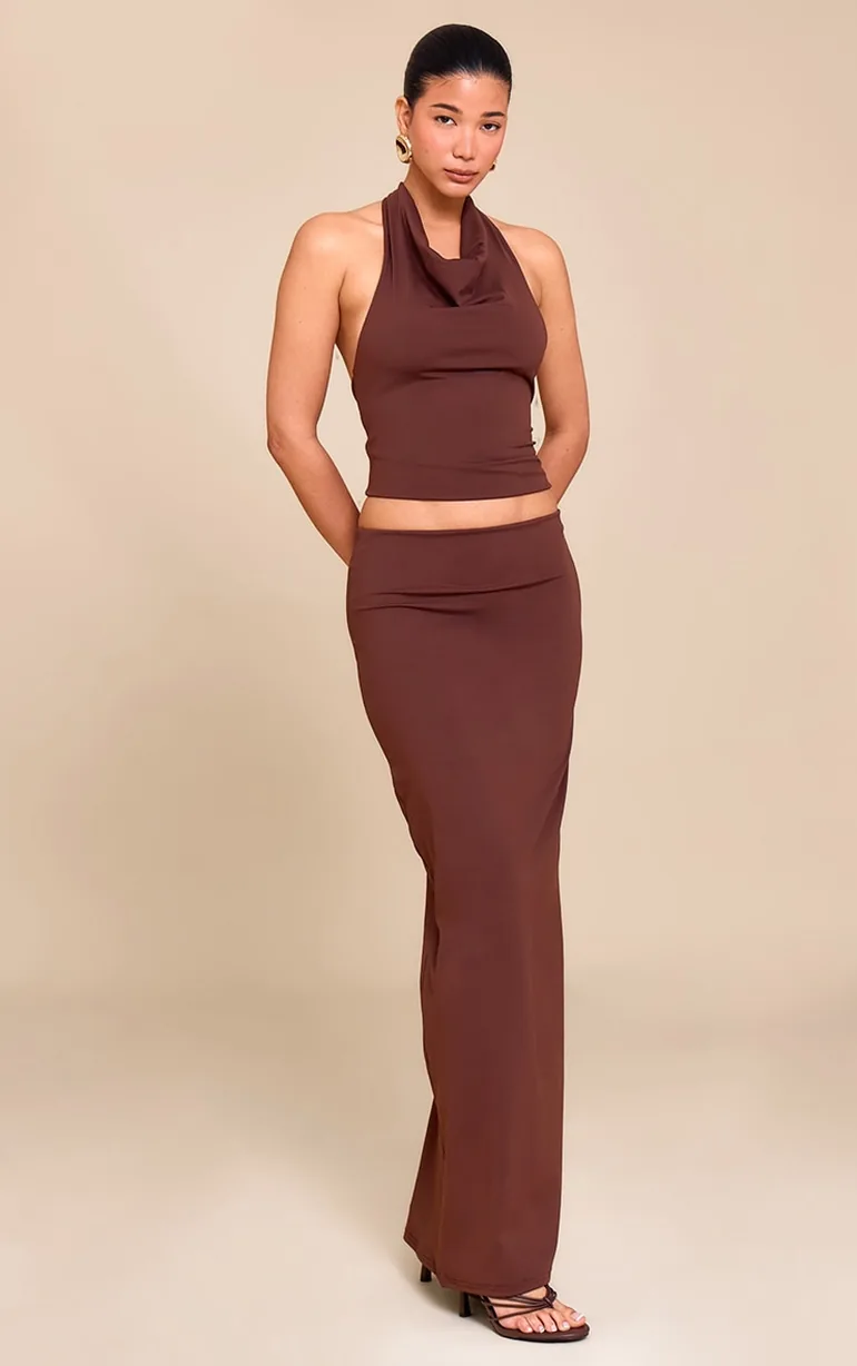 Chocolate Brown Matte Sculpt Halterneck Gold Detail Backless Top