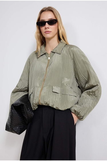 Light Khaki Thin Padded Textured Oversize Bomber Coat