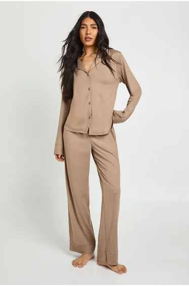 Tall Soft Touch Button Through Shirt and Trouser Pyjama Set - mocha