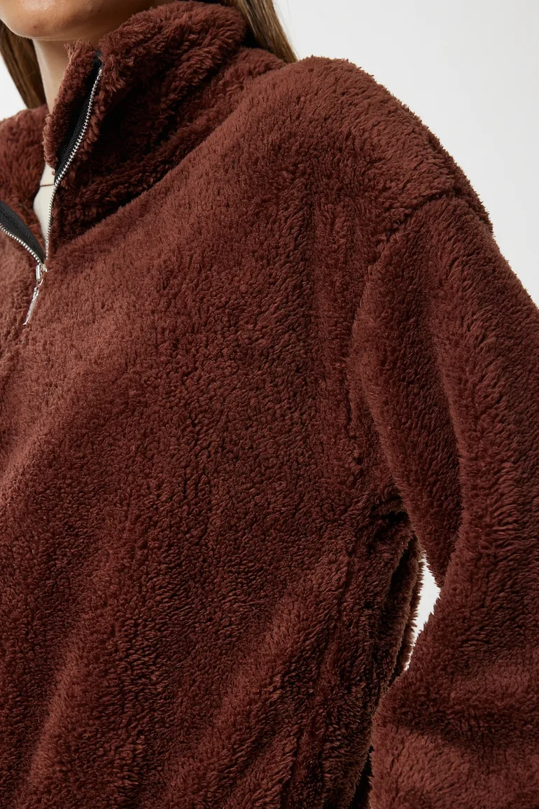 Women's Brown Zippered Plush Sweatshirt - 2