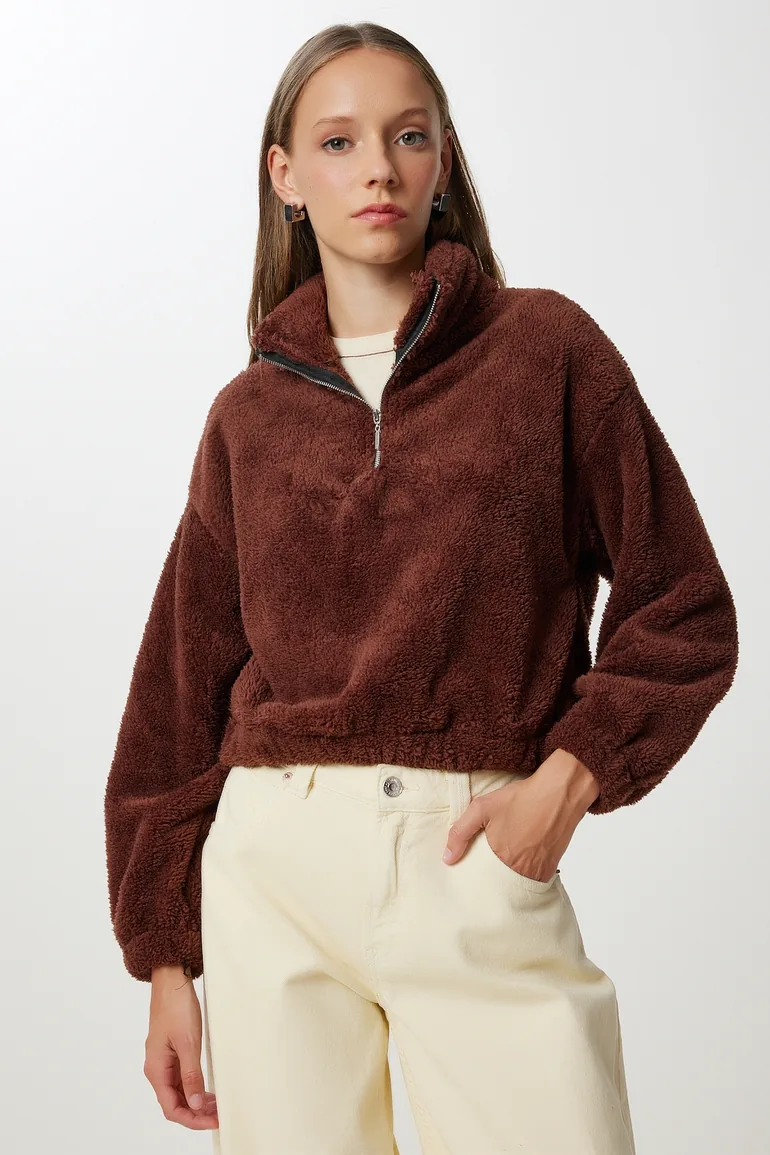 Women's Brown Zippered Plush Sweatshirt - 1